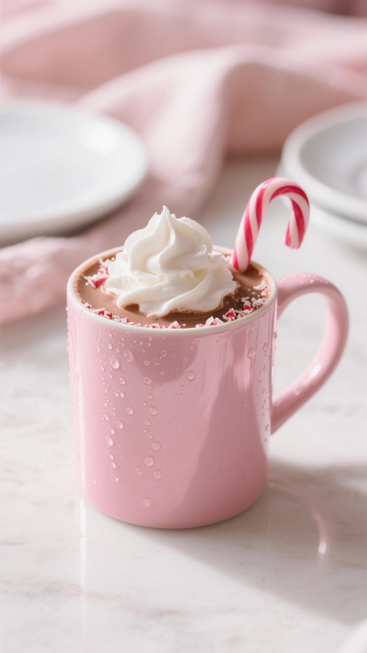 Final presentation close-up: Intimate close-up of a single mug of pink hot chocolate with a silky, m