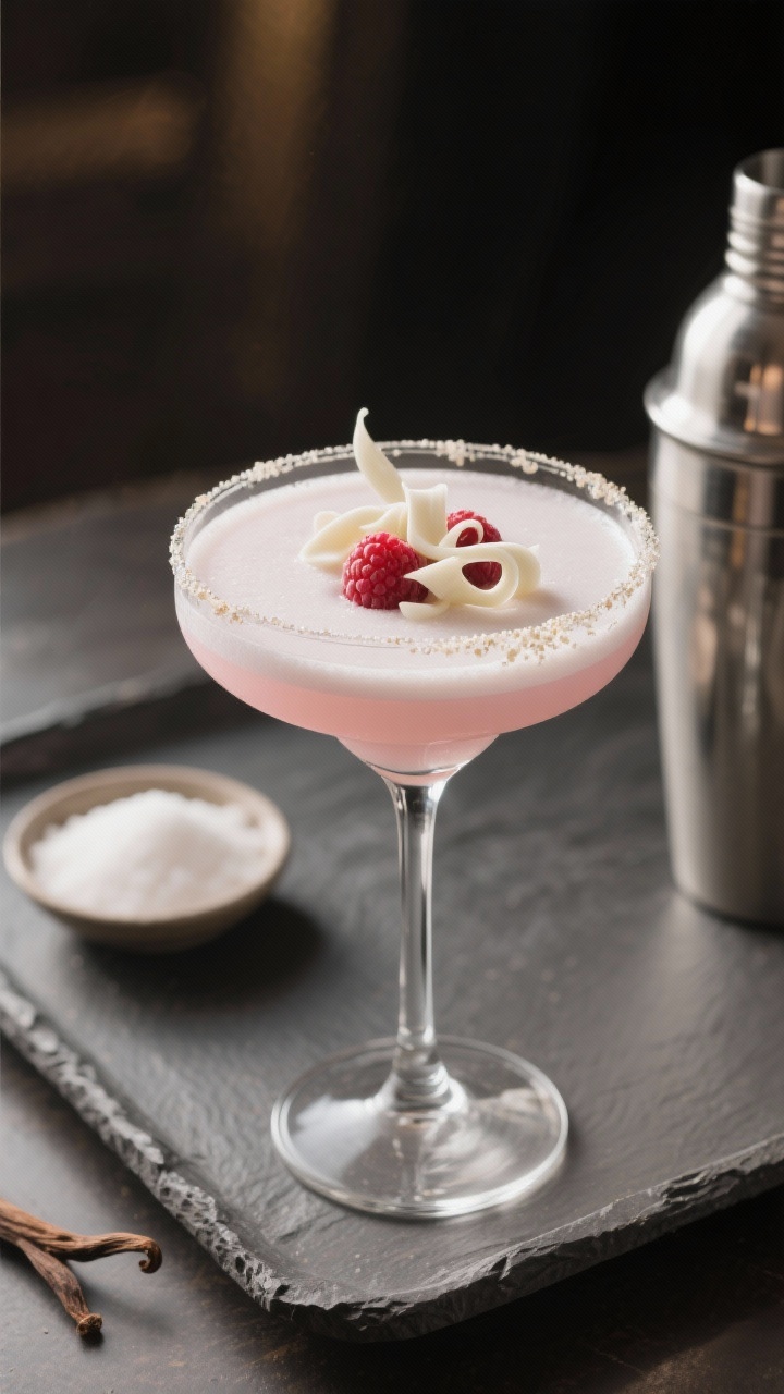 Final presentation: Elegantly plated cocktail moment—White Chocolate Raspberry Martini in a crysta