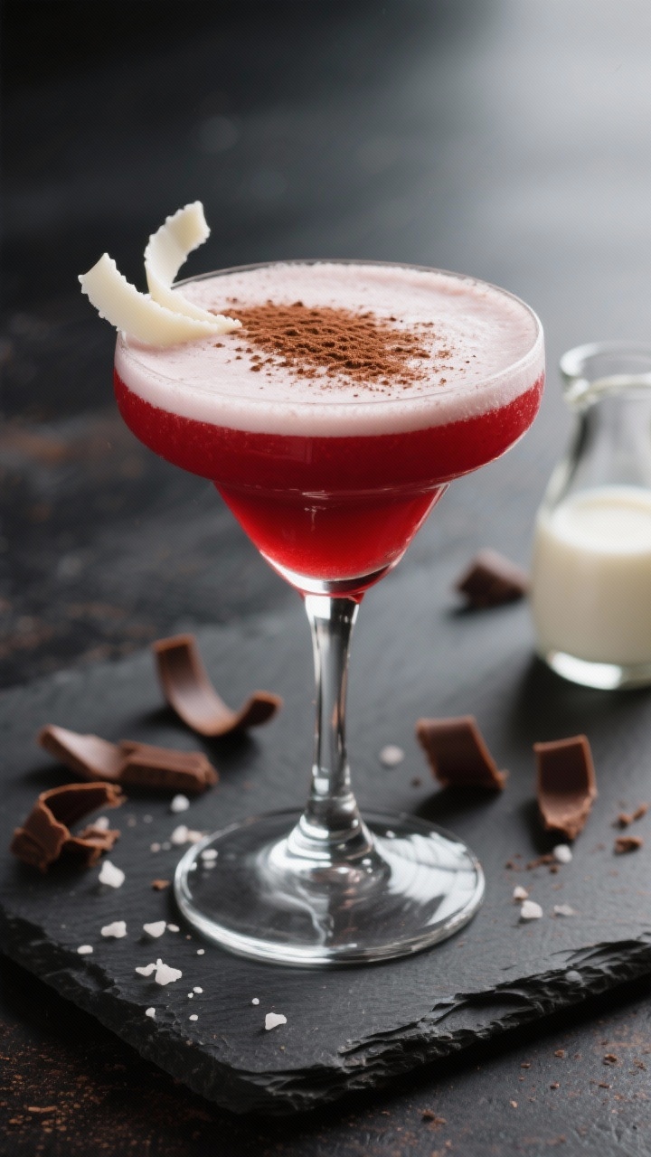 Final presentation glamour: Restaurant-quality hero shot of the Red Velvet Cake Cocktail in a stemme