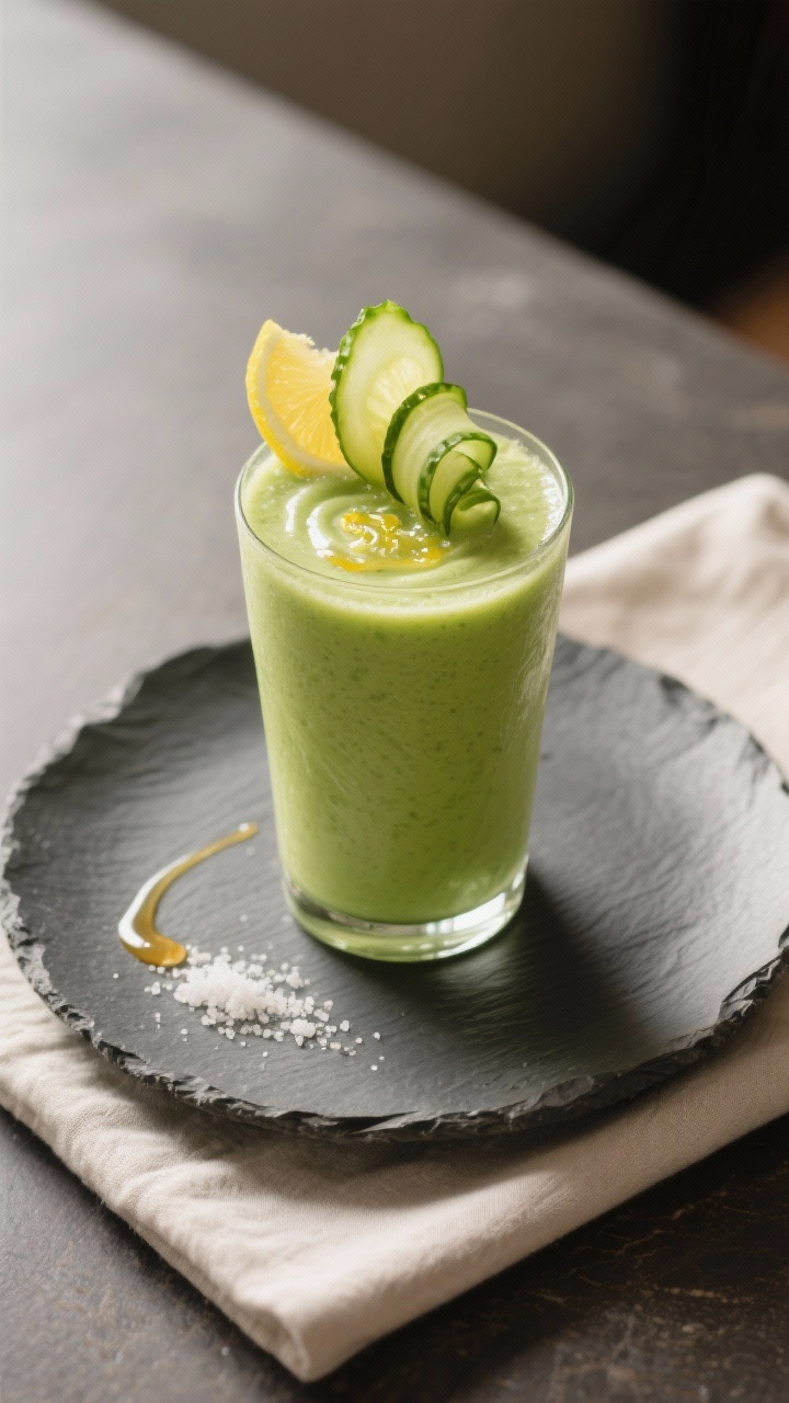 Final presentation hero: Restaurant-quality presentation of a single tall smoothie glass on a matte 