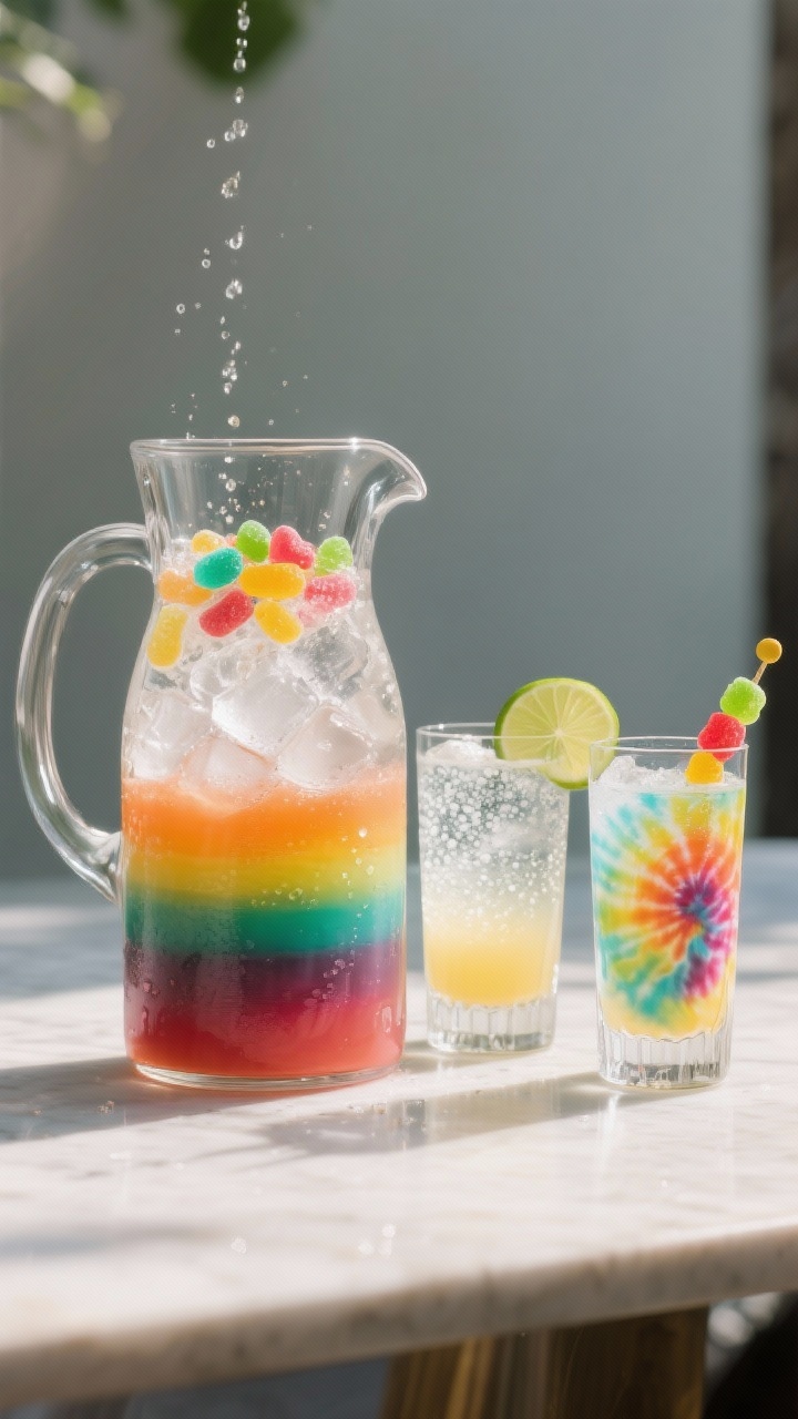 Final presentation, party-ready pitcher pour scene: a large clear pitcher filled with layered rainbo