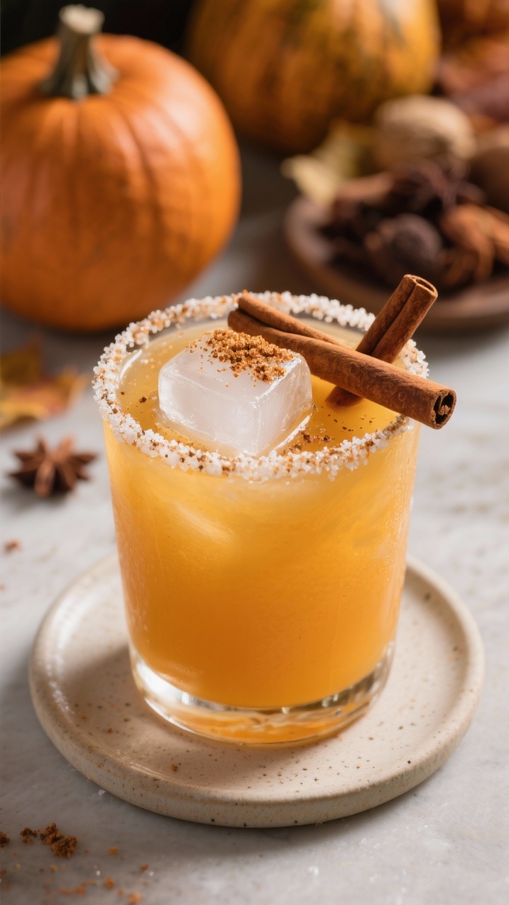 Final presentation: Restaurant-quality hero shot of the Pumpkin Spice Fall Margarita on a neutral ce