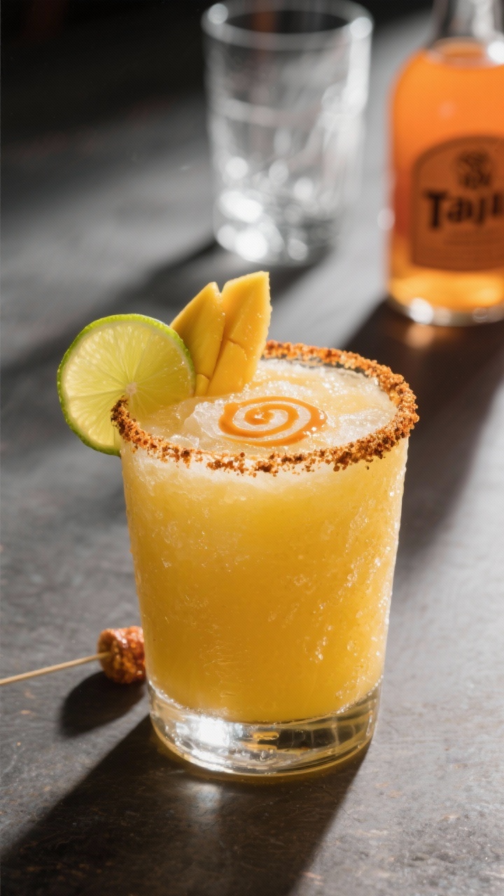 Final presentation: Restaurant-quality hero shot of a single frozen mango margarita with Tajín rim,