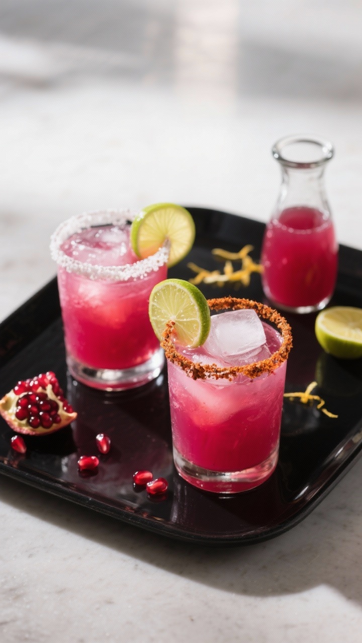 Final presentation: Restaurant-quality plated cocktail scene featuring two Pomegranate Passion Marga