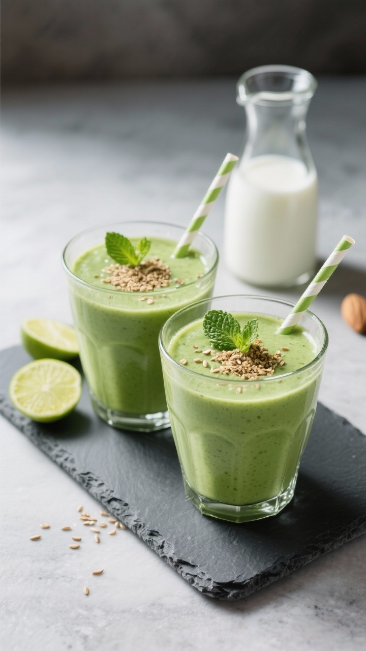 Final presentation: Restaurant-quality serving of the smoothie as a breakfast setup—two matching g