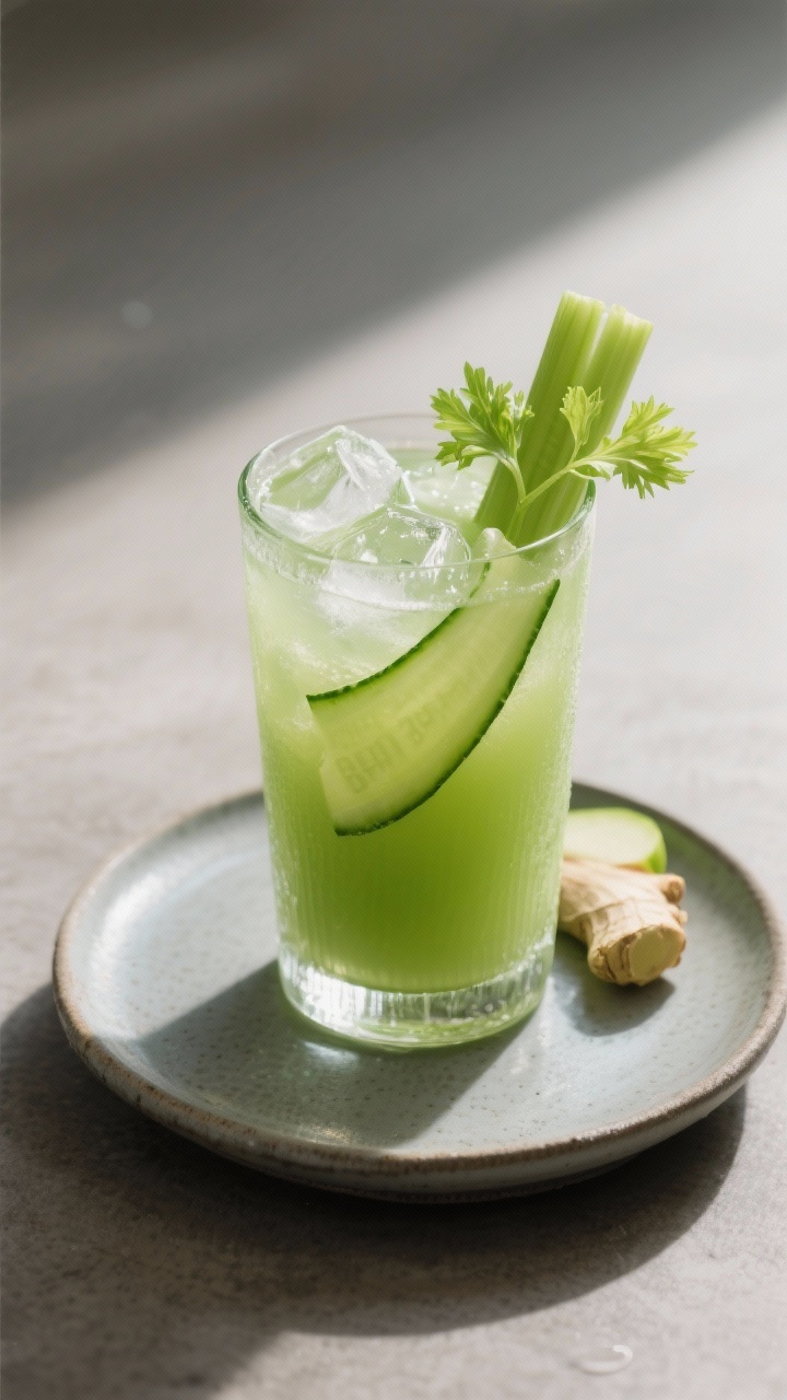 Final presentation: Restaurant-quality shot of the finished celery–green apple flat-belly juice se