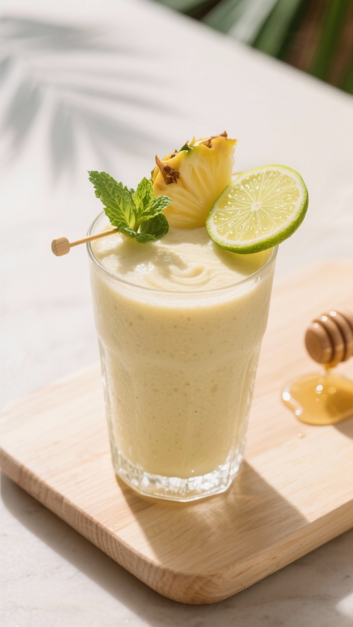 Final presentation: Restaurant-quality single-serve smoothie in a tall, frosted highball glass, smoo