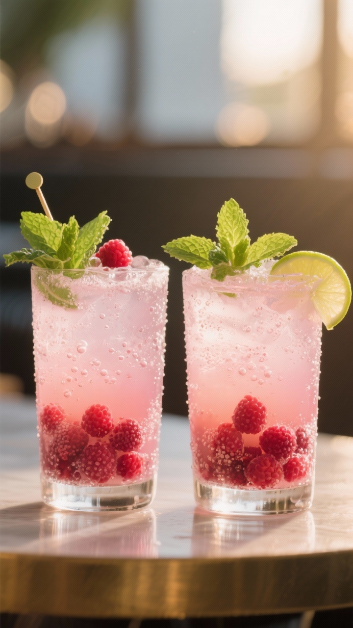 Final presentation scene: Restaurant-quality hero shot of two Raspberry Rosé Mojitos side-by-side a