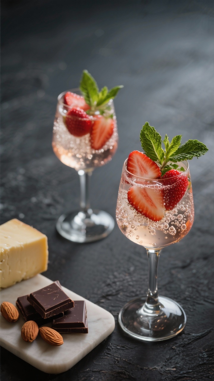 Final presentation shot: two elegant glasses of the finished sangria garnished with extra strawberry