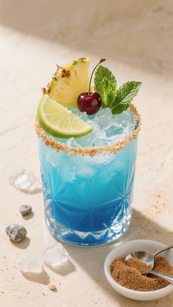 Overhead tasty top view: Finished mocktail in a hurricane glass centered on a light, sandy-toned sur