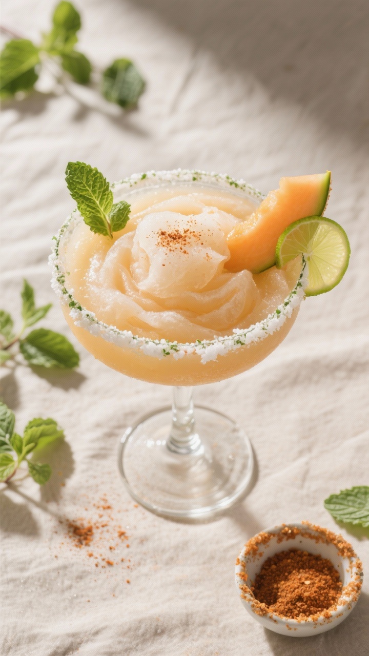 Overhead “tasty top view” of a frozen Cantaloupe Mint Margarita, poured into a chilled, wide cou