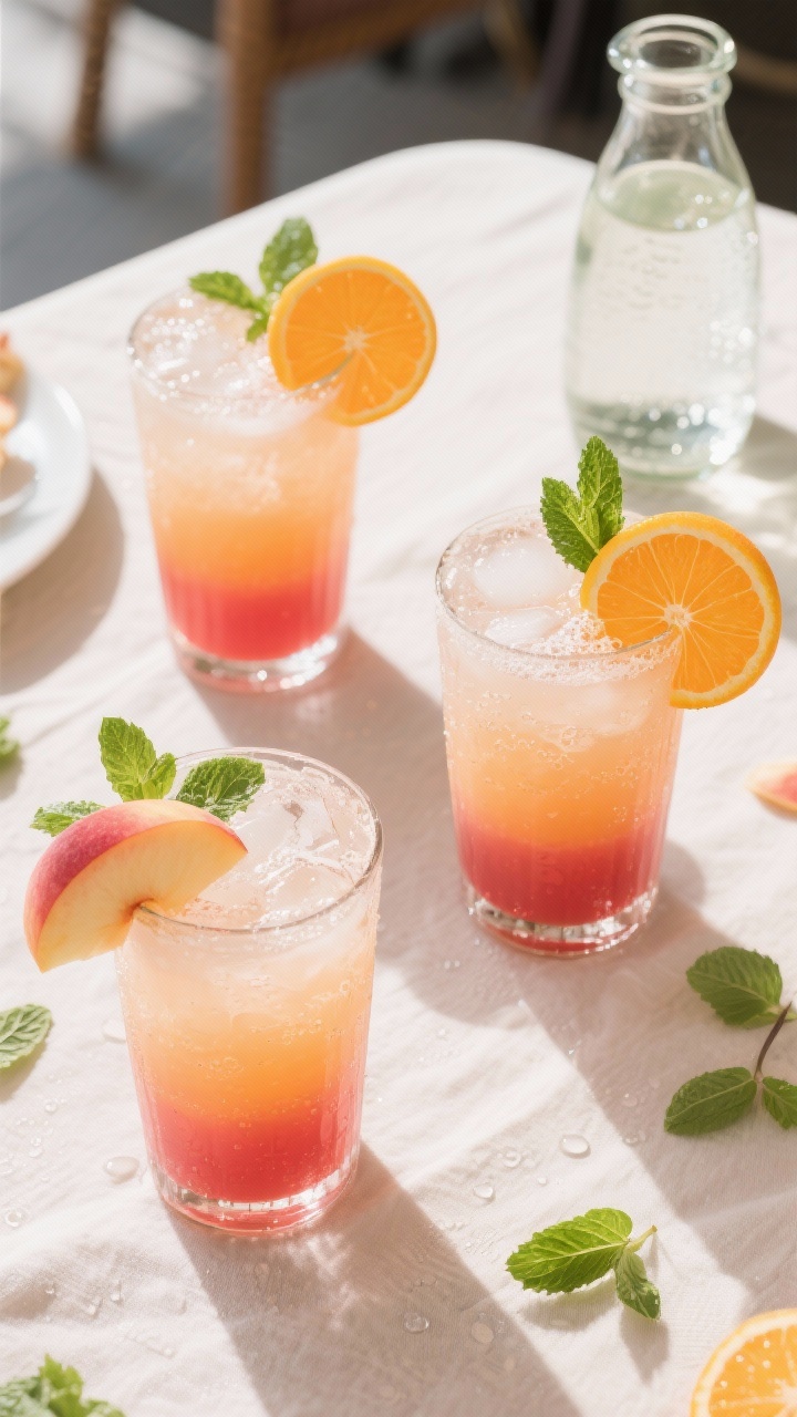 Overhead “tasty top view” of the final Peachy Citrus Sunrise Mocktail, served in two chilled Col