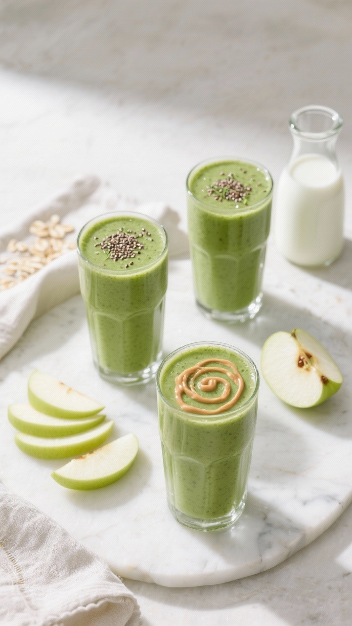 Overhead tasty top view of the final smoothie served for breakfast: two tall glasses of the green sm