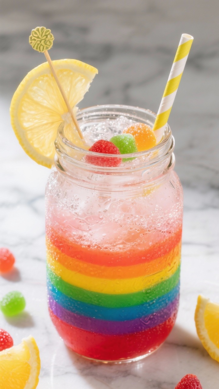 Overhead “tasty top view” of the finished Rainbow Gummy Candy Cooler in a clear mason jar: perfe