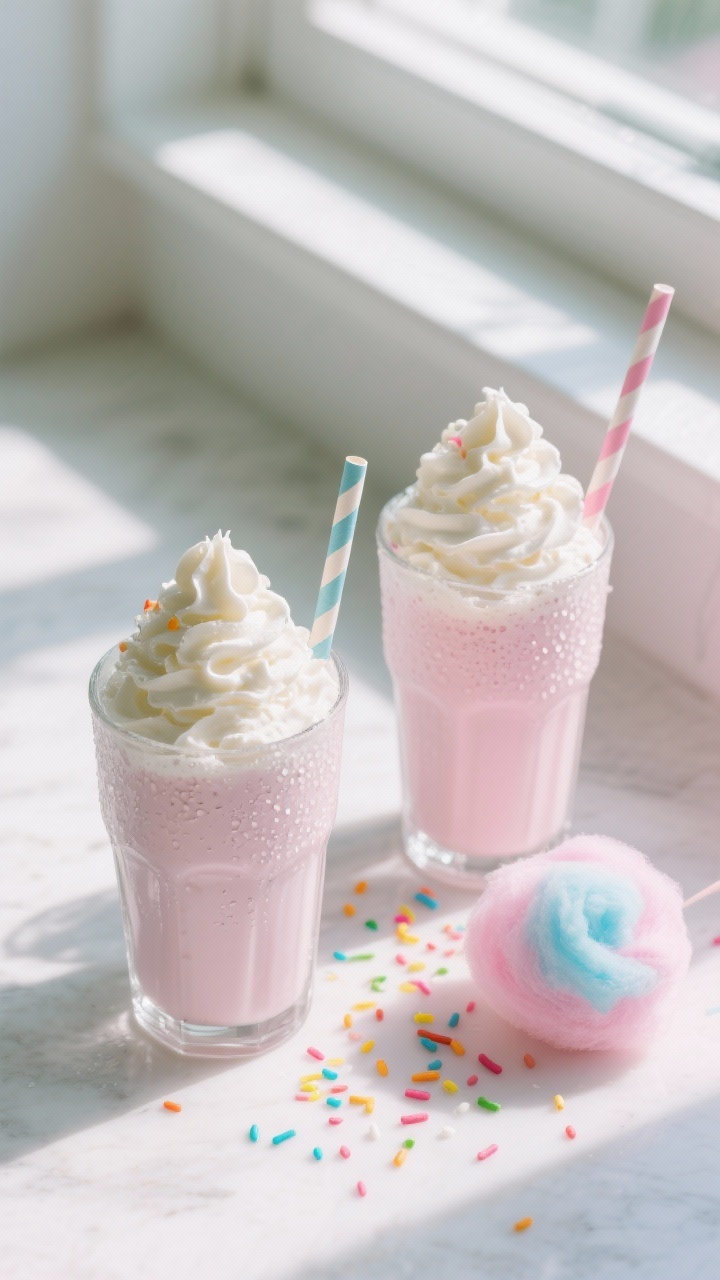 Overhead “tasty top view” of two chilled frosty glasses filled with thick cotton candy milkshake