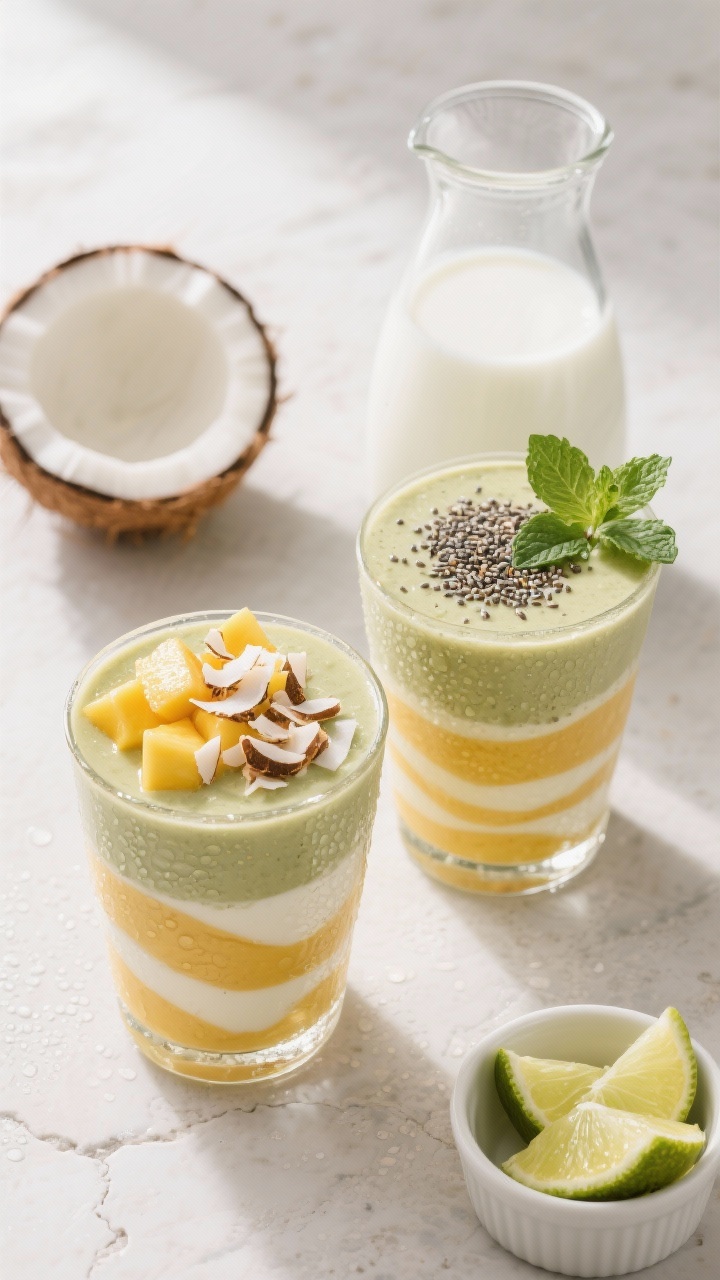 Overhead “tasty top view” of two glasses filled with the layered smoothie just after swirling, a