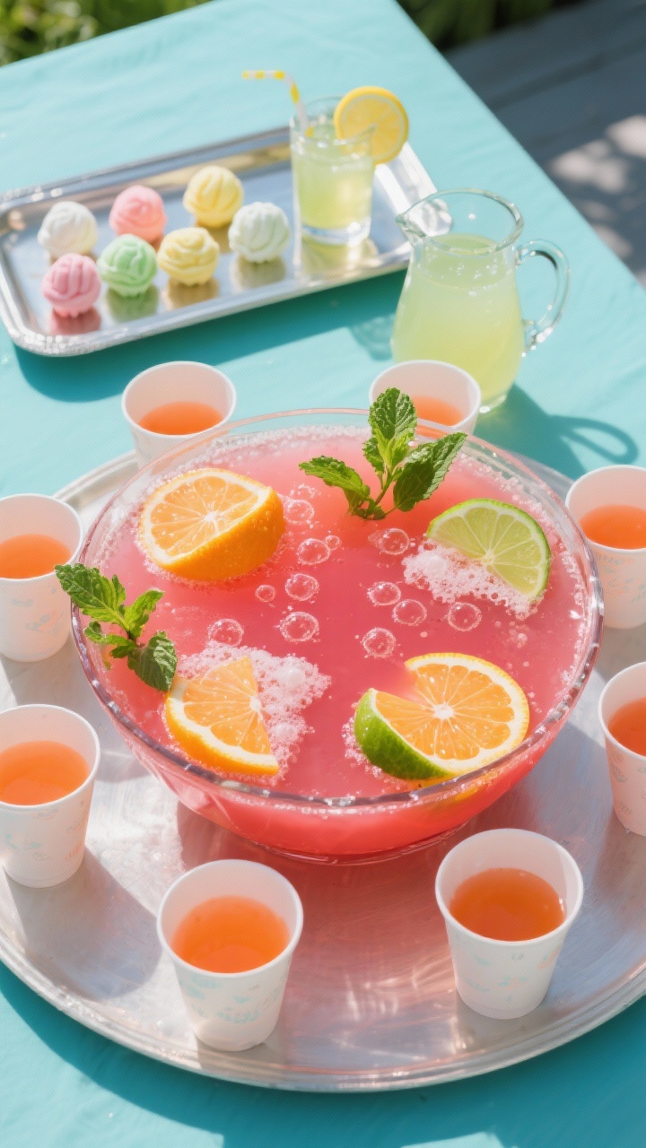 Overhead “tasty top view” shot: Final party setup featuring a of the punch bowl and matching cup