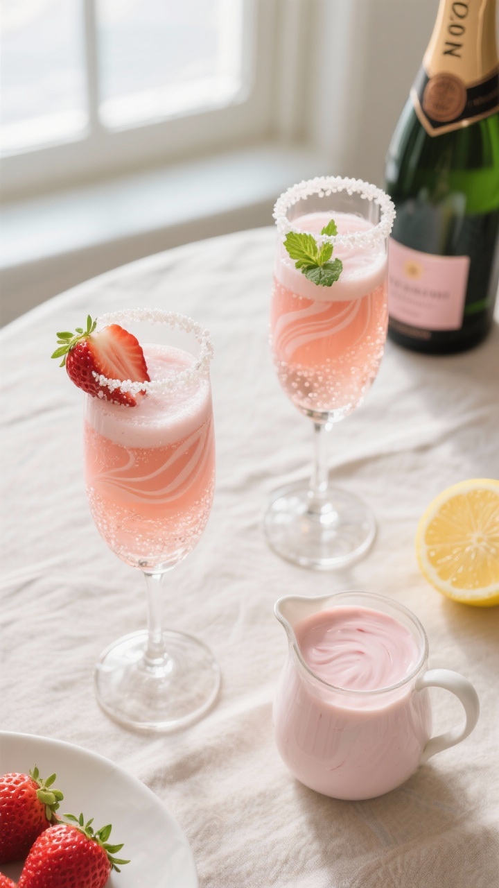 Overhead tasty top view: Two champagne flutes filled with the strawberry-cream cocktail at a brunch 