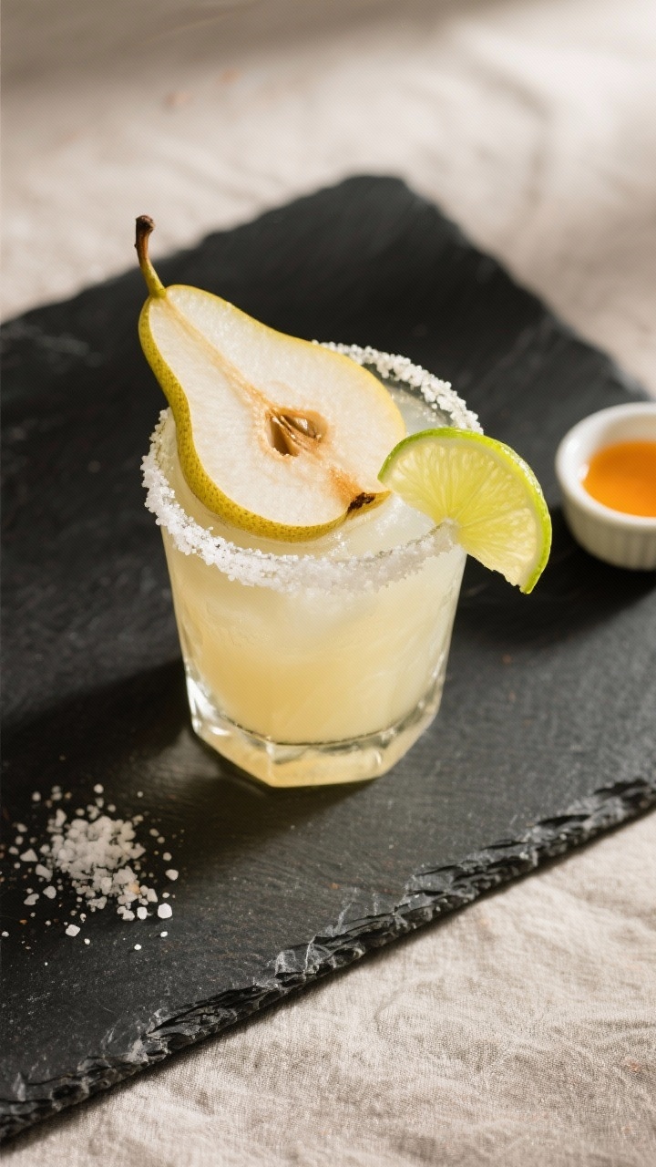 Overhead top view: Final Vanilla Pear Margarita on a dark slate surface, perfectly centered rocks gl