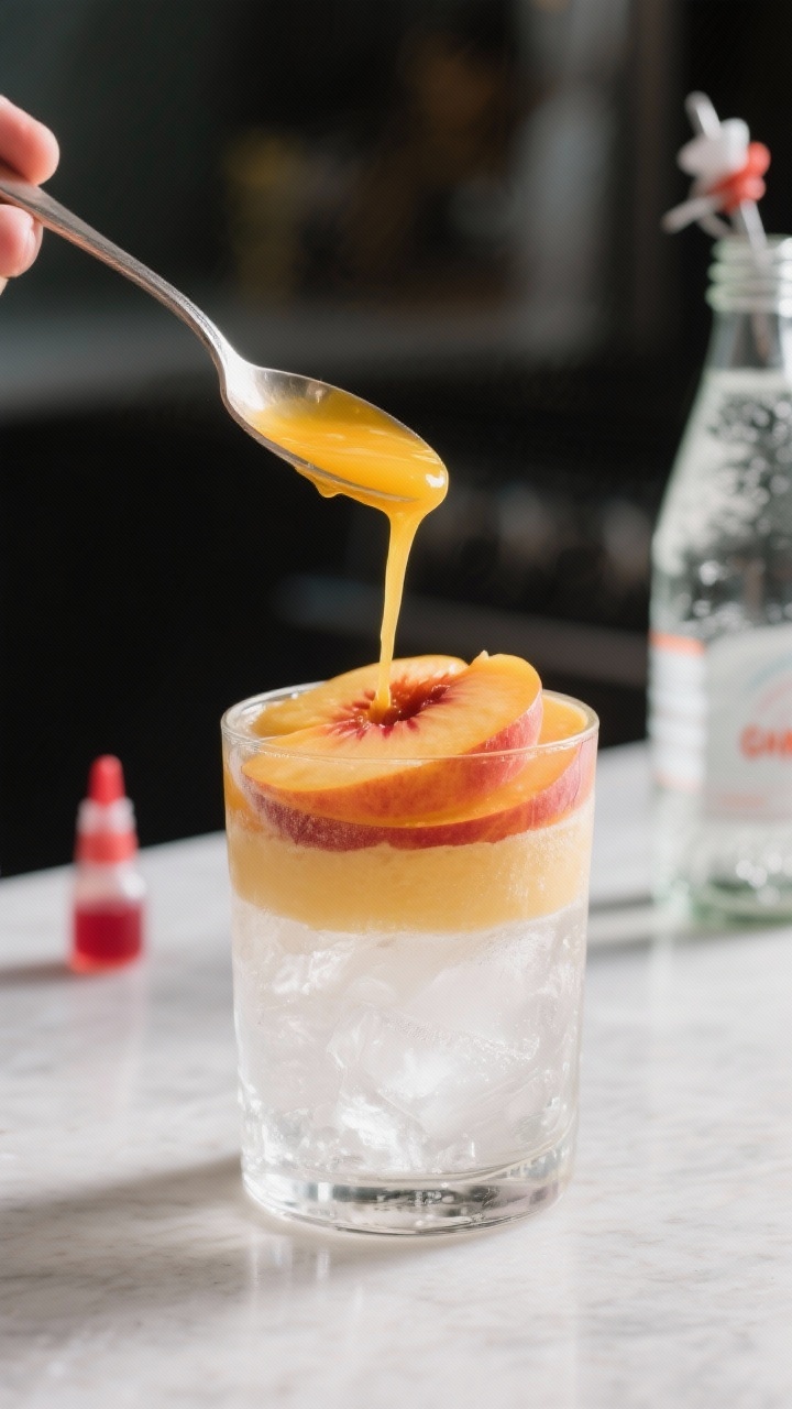 Process-action image: gentle spoon-back pour of fresh orange juice over the peach layer to create se