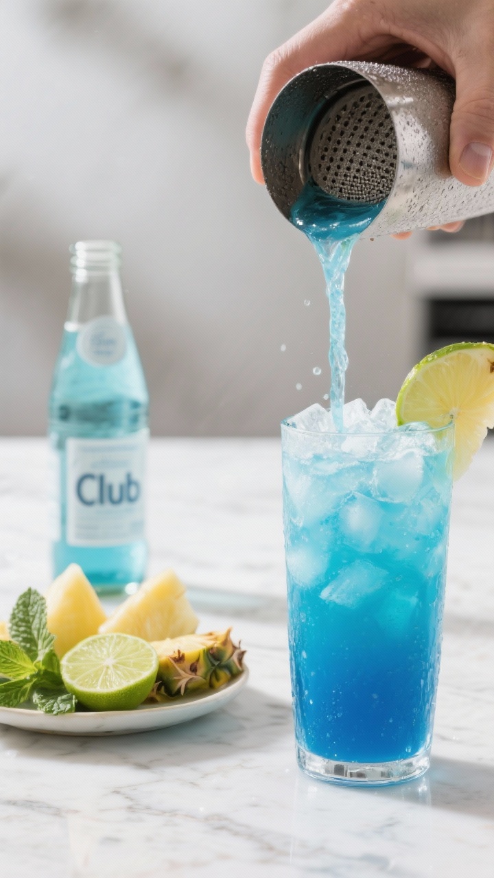 Process action shot: The mixed base (pineapple juice, coconut water, fresh lime juice, blue curaçao