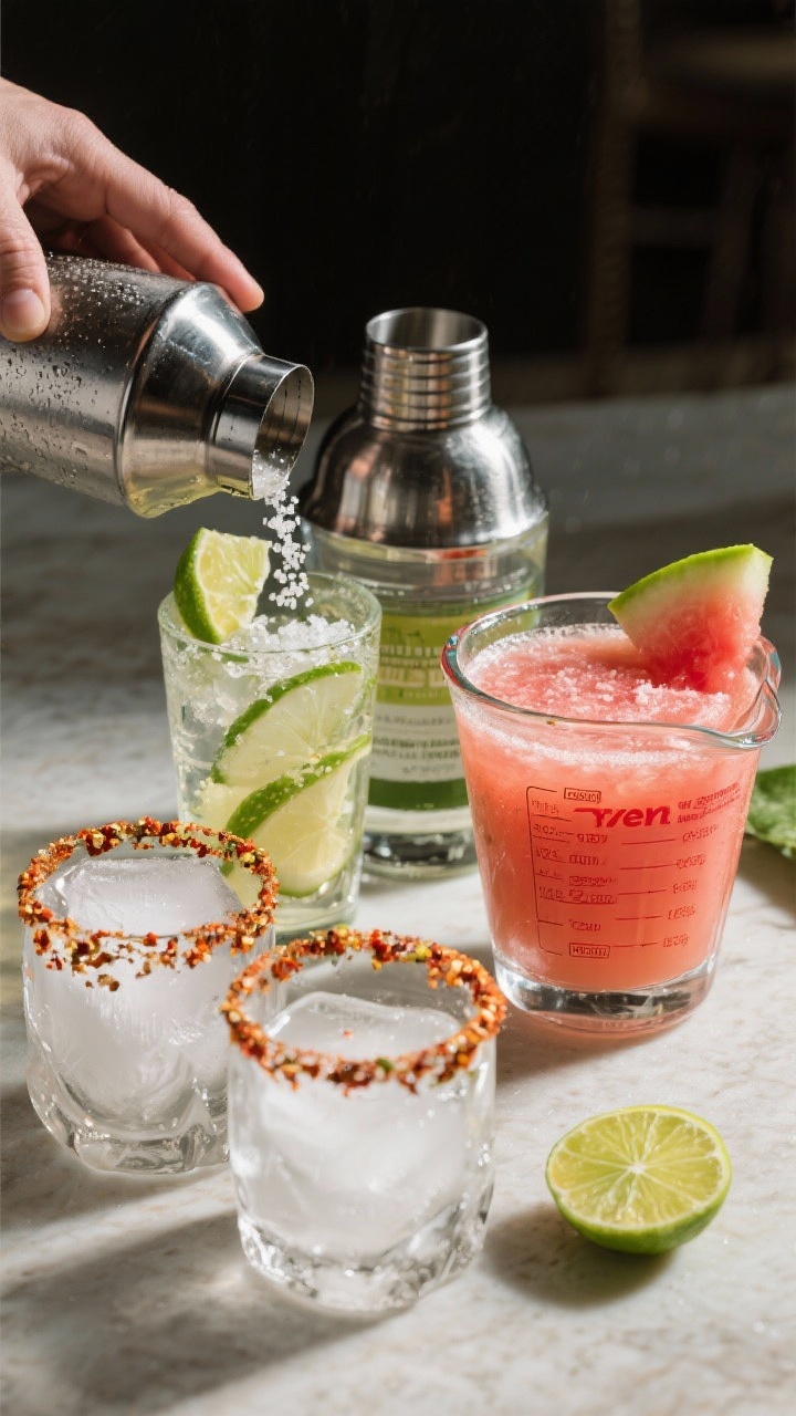 Process-focused beauty shot: The strained watermelon–cucumber juice base in a clear measuring cup 