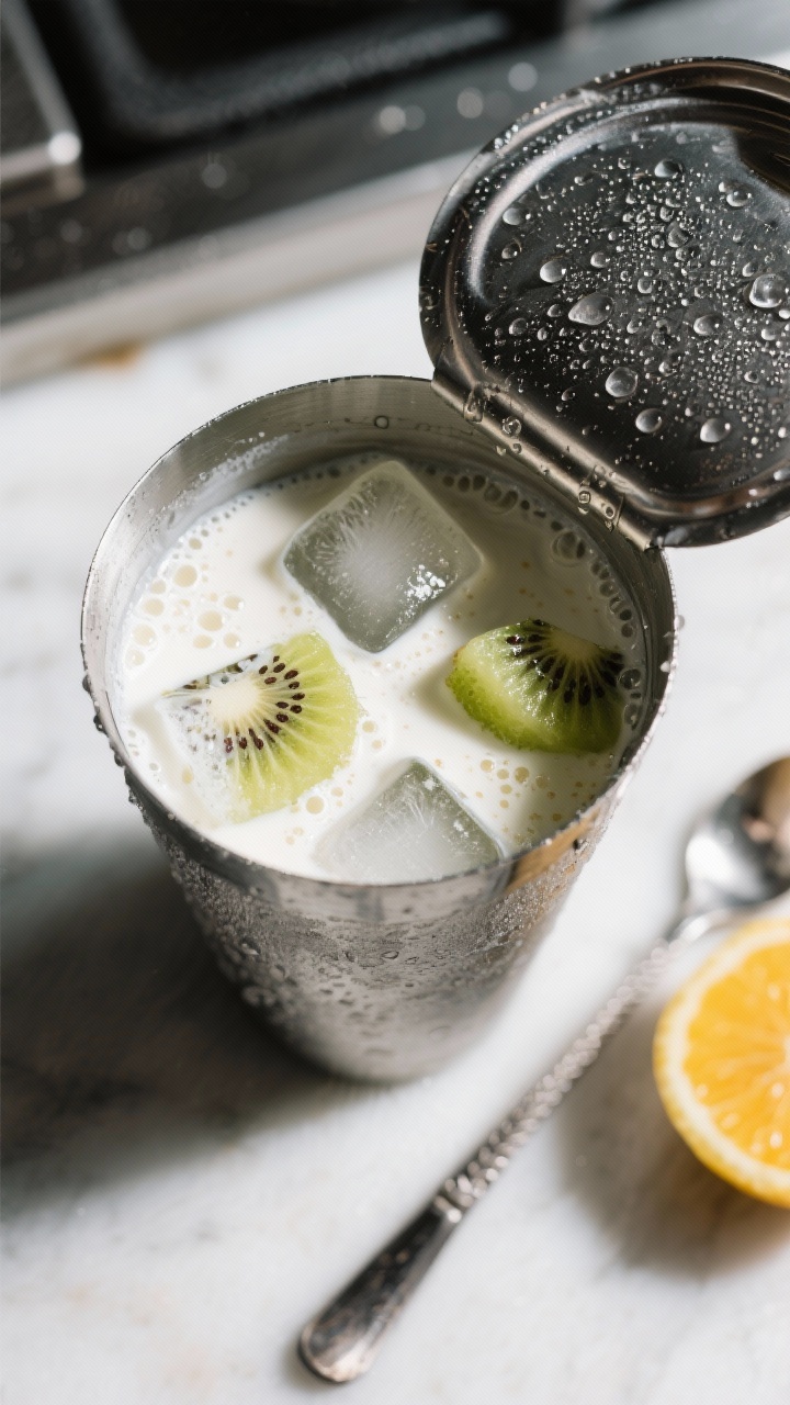 Process-focused macro shot: inside a cocktail shaker just after shaking, the opened tin showing the 