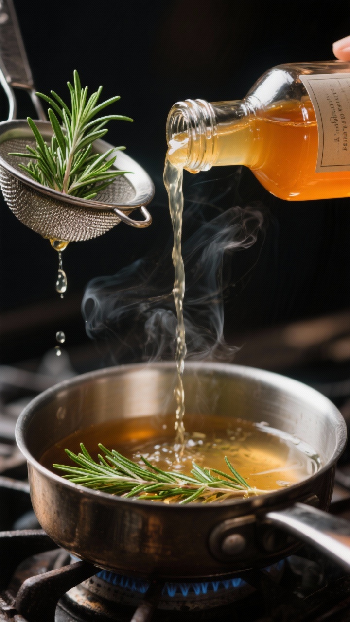 Process-focused macro shot of the rosemary simple syrup step: a small saucepan off-heat with translu