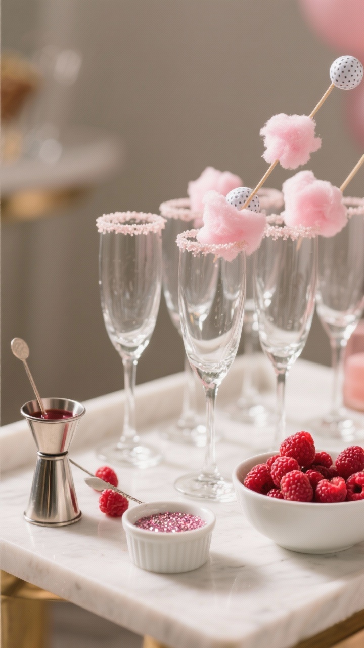 Process-focused presentation: Angled shot of a set of prepped flutes in a party “pour-to-order” 