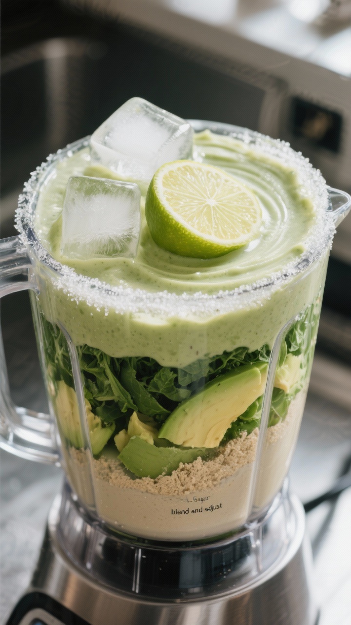 Process image: Ingredients layered in the blender just before the final blend—liquid at the bottom