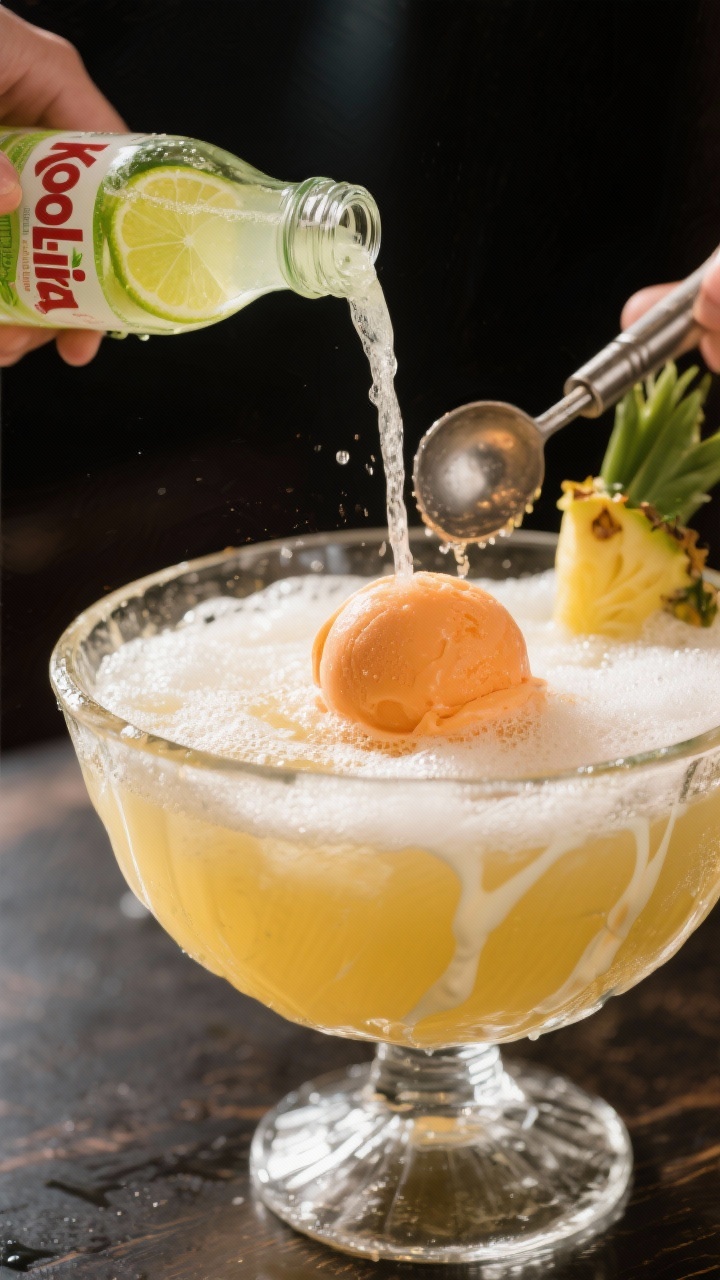 Process-in-action shot: The moment soda is added last—lemon-lime soda stream pouring along the sid