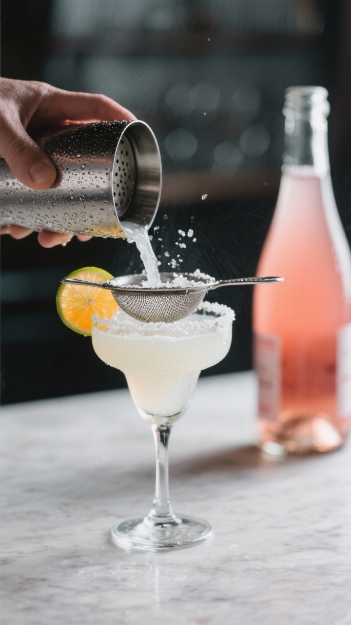 Process-in-action: The cocktail shaker just opened beside a chilled coupe, with the freshly shaken, 