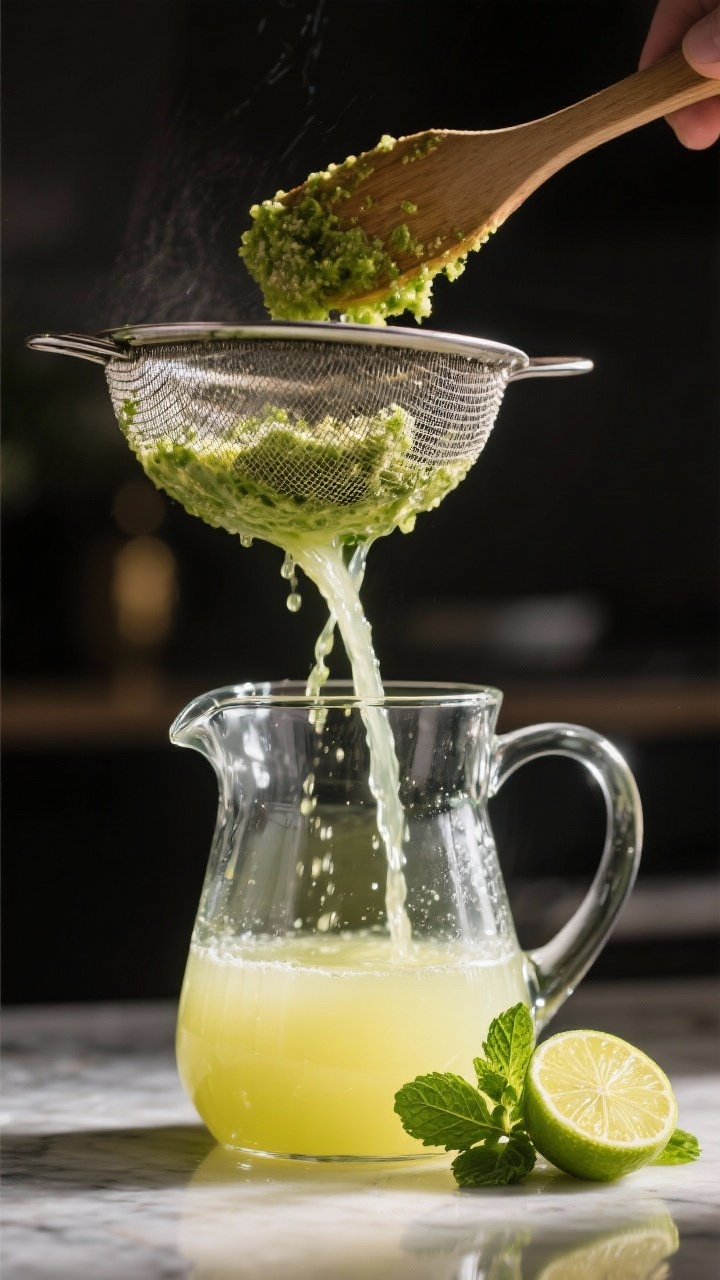 Process moment: The blended juice being poured through a fine-mesh strainer into a clear pitcher, wi