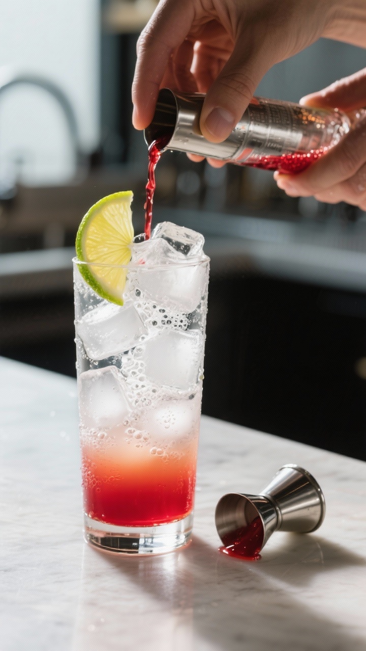 Process moment: The cocktail being built in-glass—ice-filled highball with measured vodka and fres