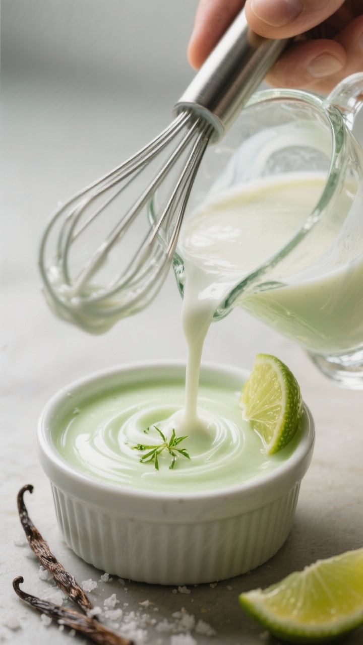 Process moment: The mixed base being whisked smooth in a small glass pitcher—full-fat coconut milk