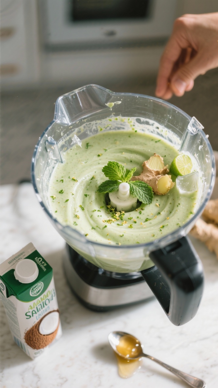Process moment: The smoothie mid-blend in a high-speed blender, showing a vortex of pale green liqui