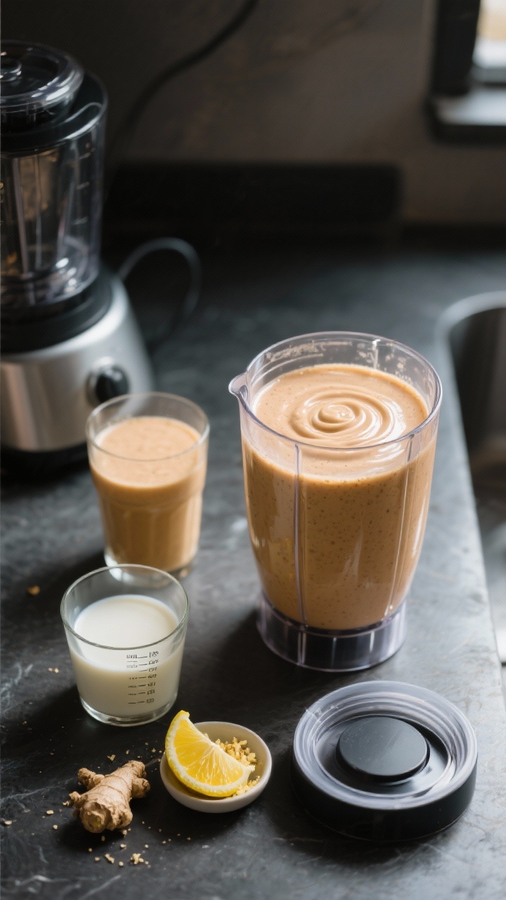 Process scene (prepared, not raw): Blender jar filled with the already blended smoothie at a perfect