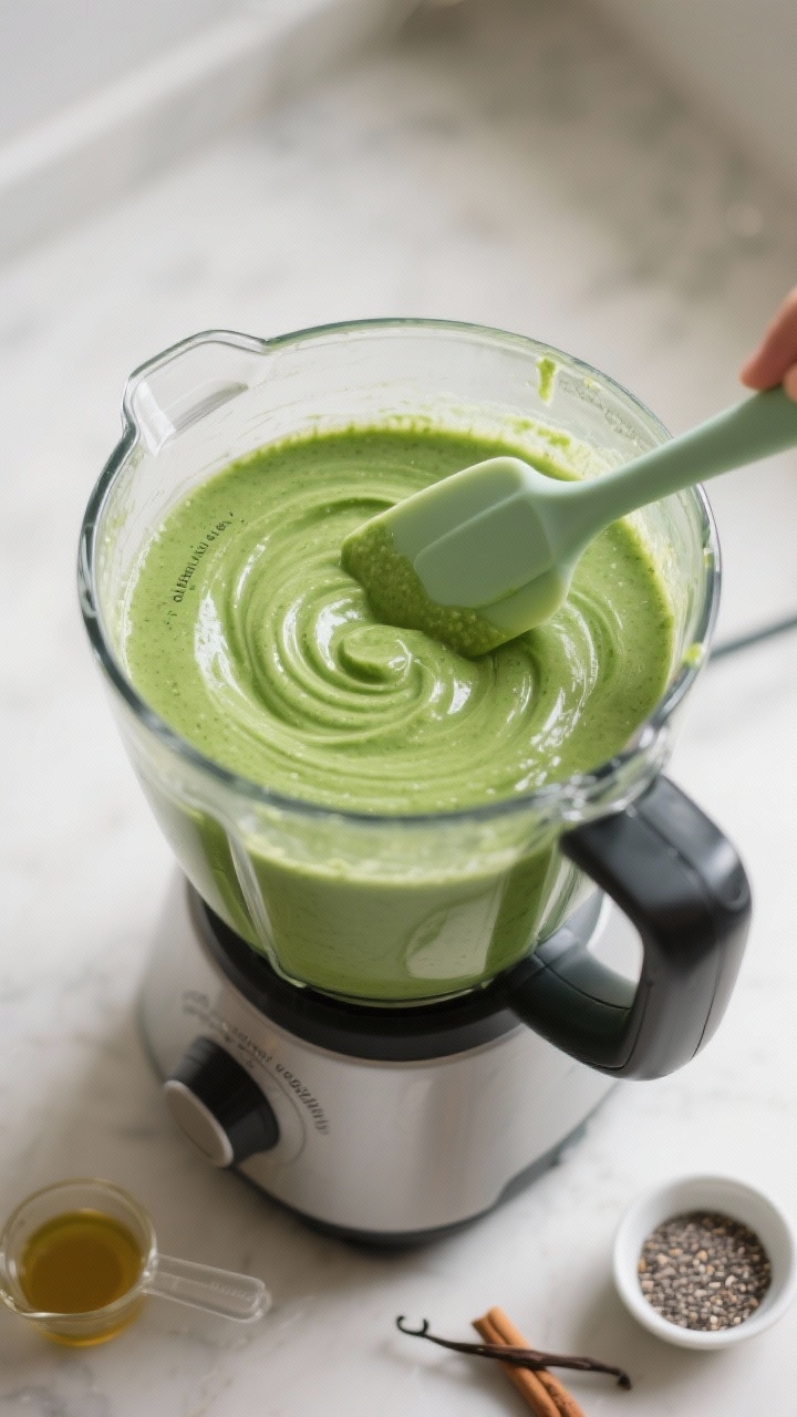 Process shot inside the blender just after blending: the lid off, showing a perfectly smooth, glossy