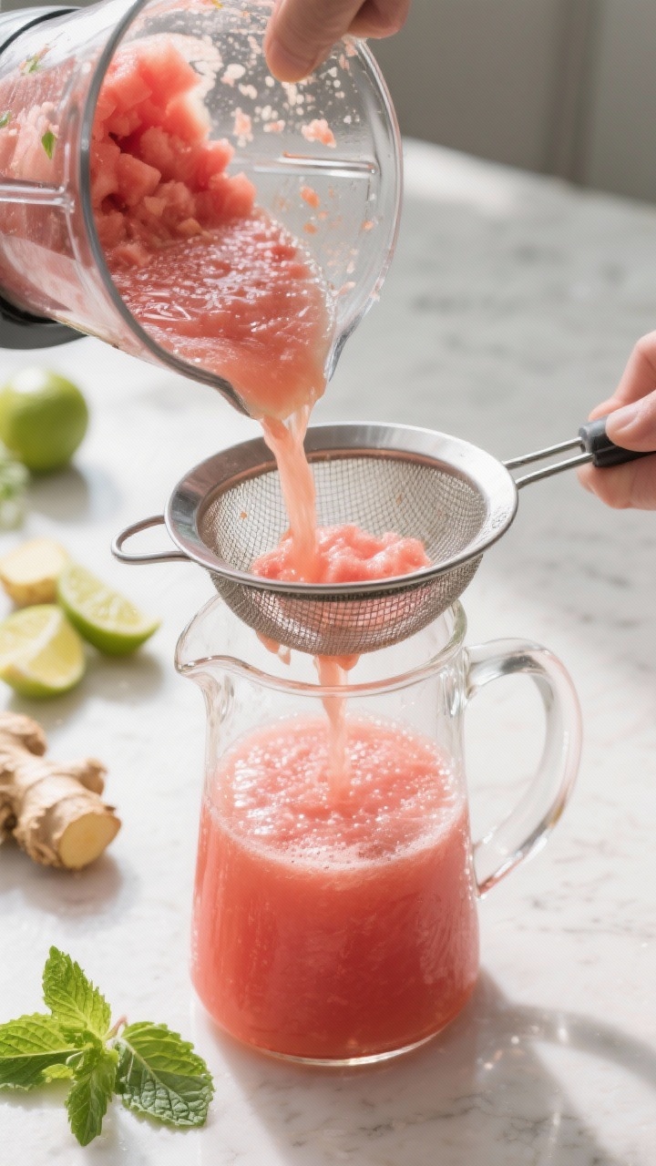 Process shot (prepared stage): Strained, silky-smooth watermelon detox juice being poured from a ble