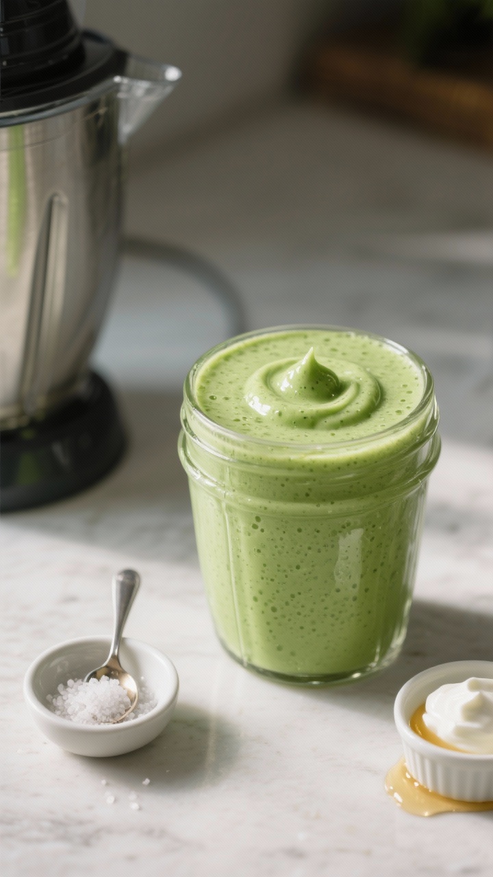 Process shot: The smoothie just blended to perfection in a glass blender jar, showing a creamy, unif