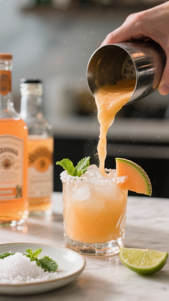 Process shot: the strained cantaloupe–mint–lime purée being poured from a cocktail shaker into 