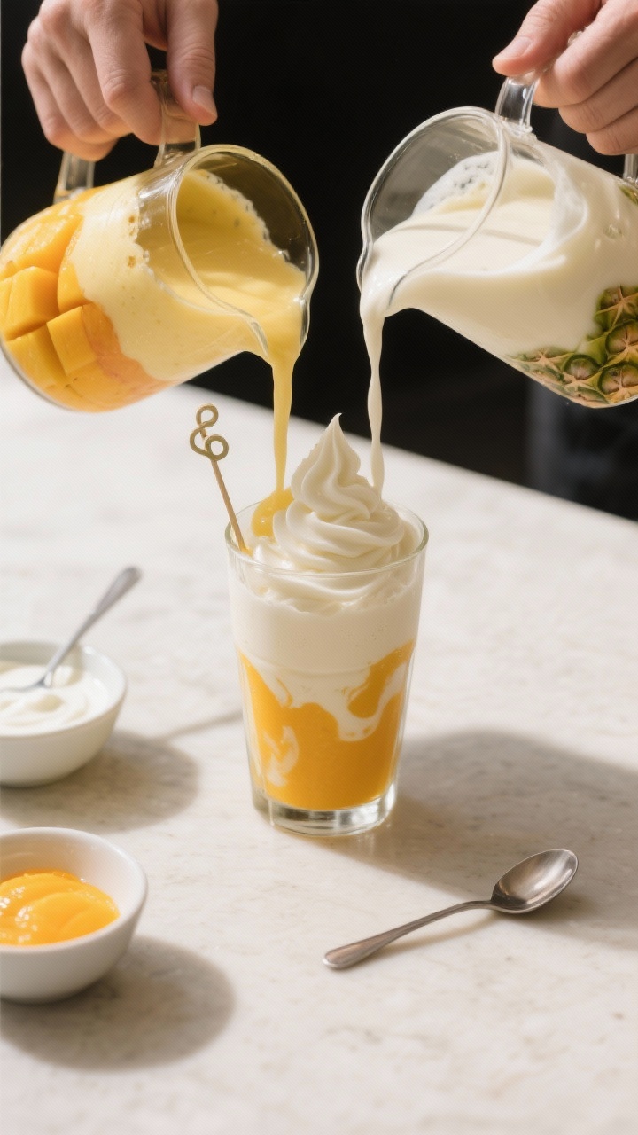 Process shot: the swirl technique in action, showing two thick, pourable pitchers—one mango layer 