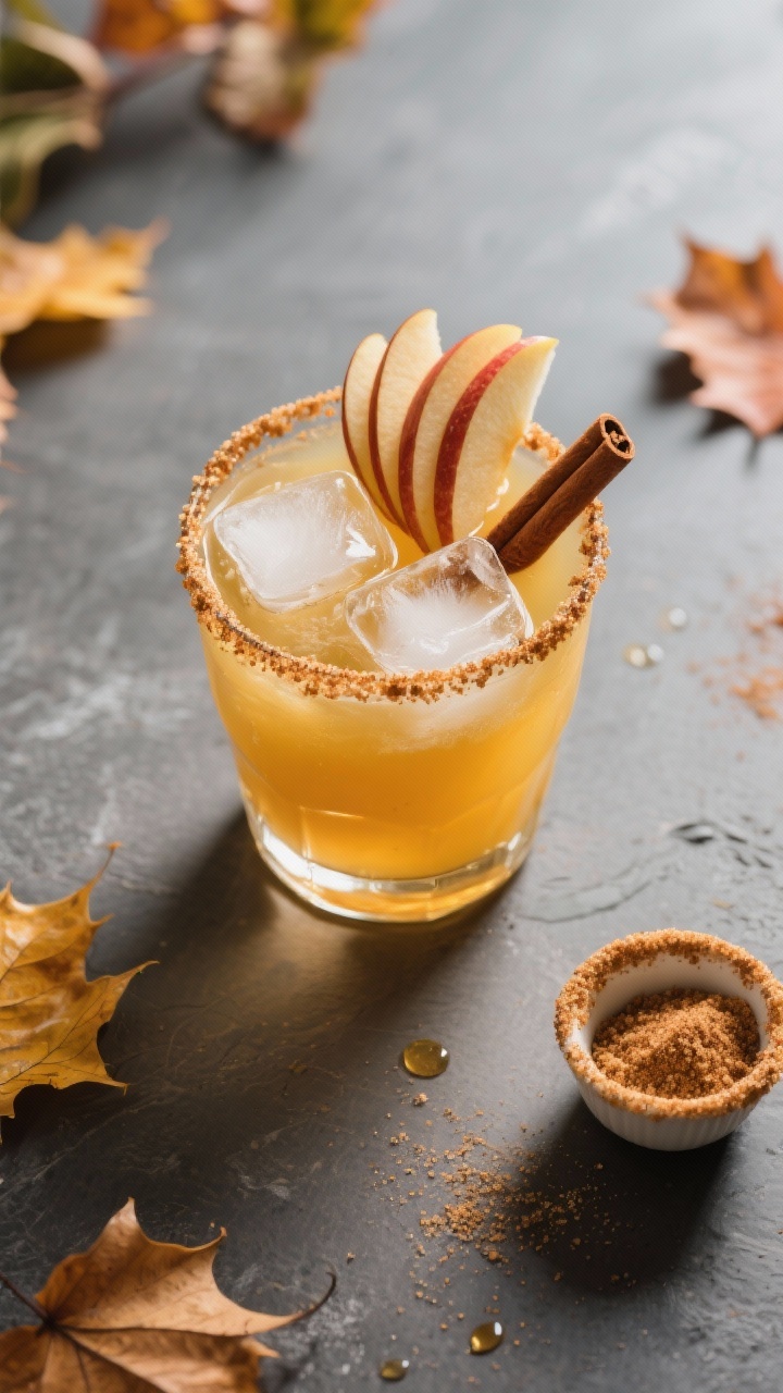 Tasty top-view final presentation: Overhead shot of the finished Apple Cider Margarita in a lowball 