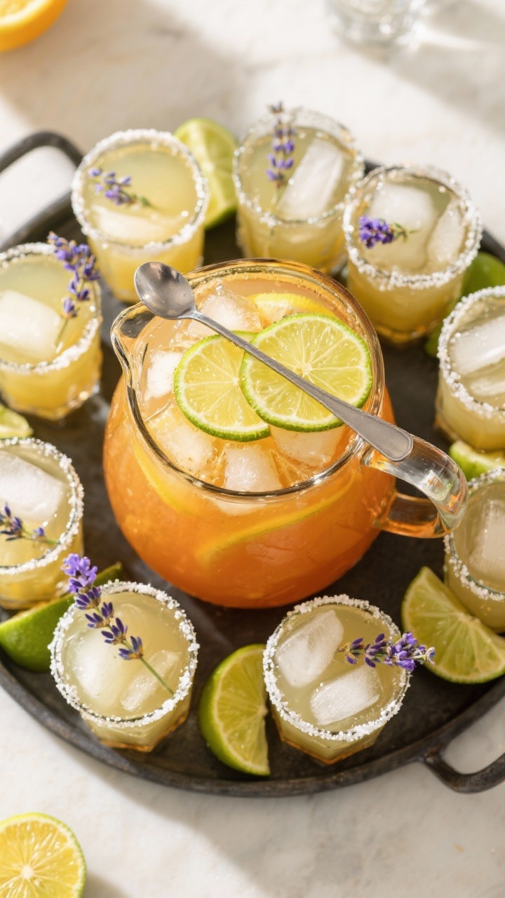Tasty top view: Overhead shot of a batched pitcher setup for a crowd—eight-drink mix of tequila, o