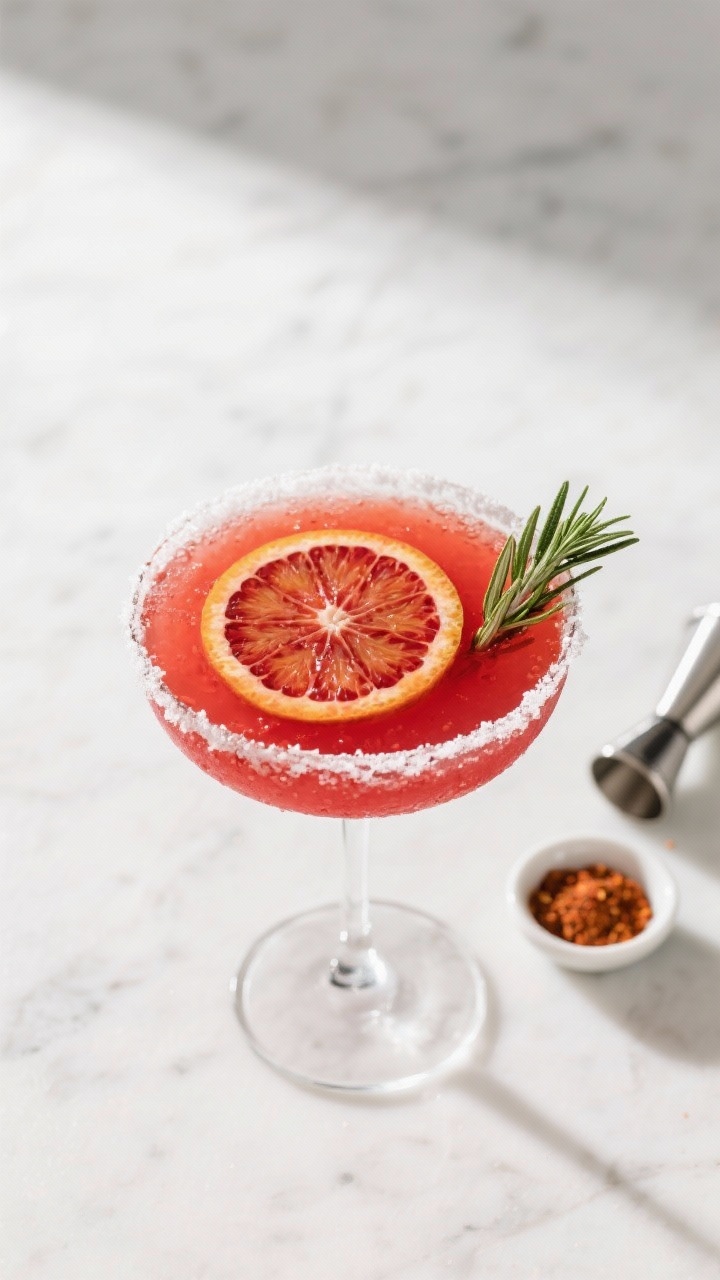 Tasty top view: Overhead shot of a finished Blood Orange Winter Margarita in a coupe, ultra-smooth s