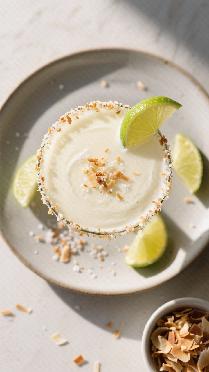 Tasty top view: Overhead shot of a finished Coconut Cream Margarita on a matte ceramic plate-as-sauc