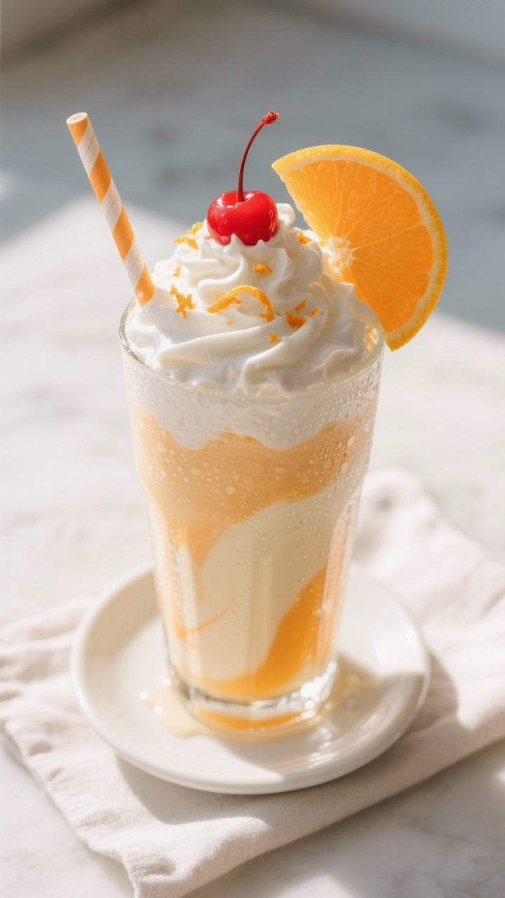 Tasty top view: Overhead shot of a finished Creamy Orange Dreamsicle Float in a tall soda fountain g