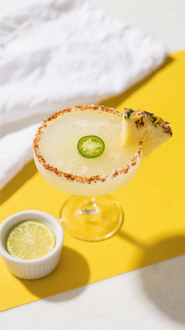 Tasty top view: Overhead shot of a finished Pineapple Jalapeño Margarita with a Tajín-lime zest ri