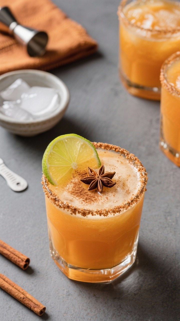 Tasty top view: Overhead shot of a finished Pumpkin Spice Fall Margarita in a short rocks glass with