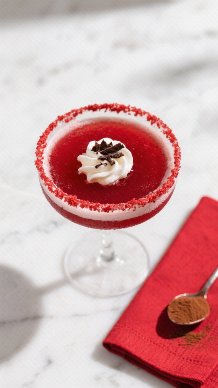 Tasty top view: Overhead shot of a finished Red Velvet Cake Cocktail with a small swirl of whipped c